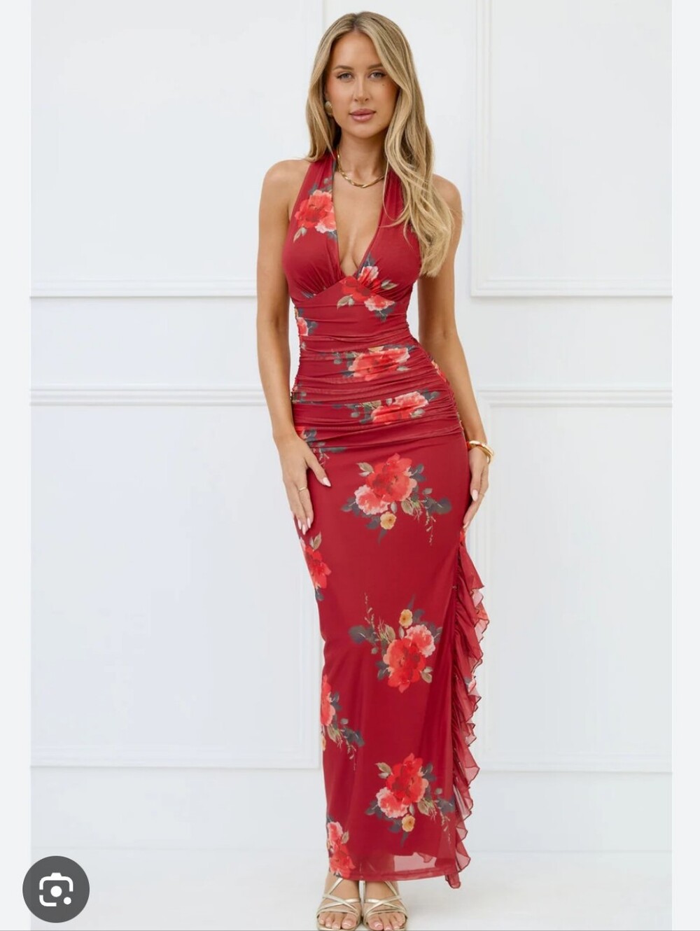 NWT Selfie Leslie Seductive Sway Mesh Halter Maxi Red Floral Small Summer S